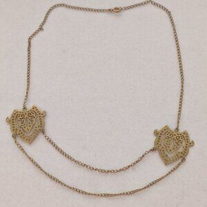 Vintage Style Gold Tone Leaf Motif Front Dual Strand Necklace